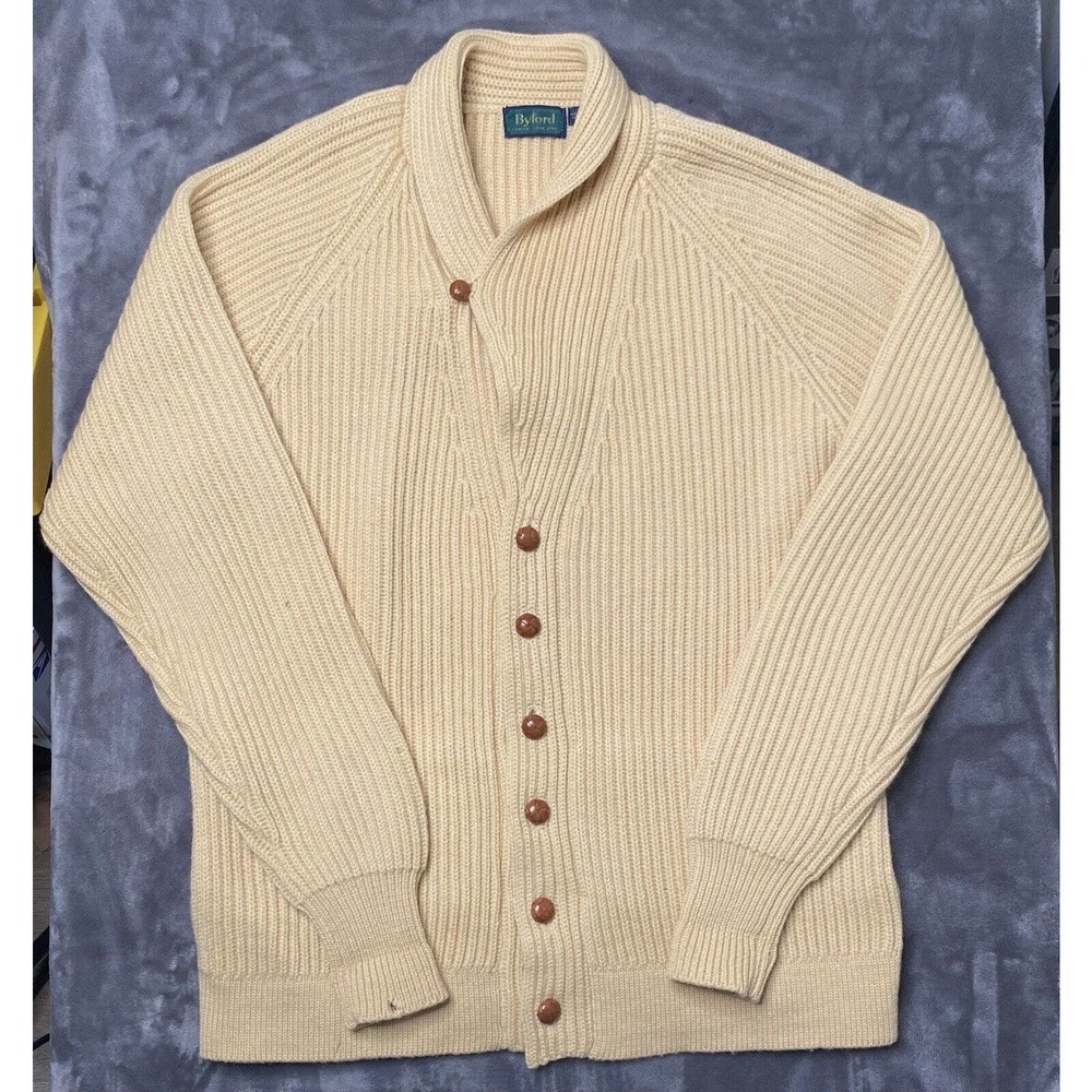 Vintage Byford 100% Wool Cardigan Sweater Men's Large Yellow Shawl Collar
